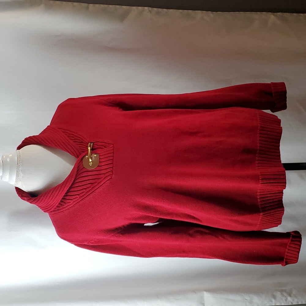 LAUREN Ralph Lauren red shawl knitted collar clasp sweater in size XL